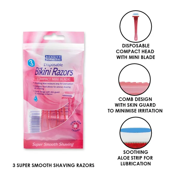 BEAUTY FORMULAS Disposable Bikini Razors Compact Mini Blade 3 Pack