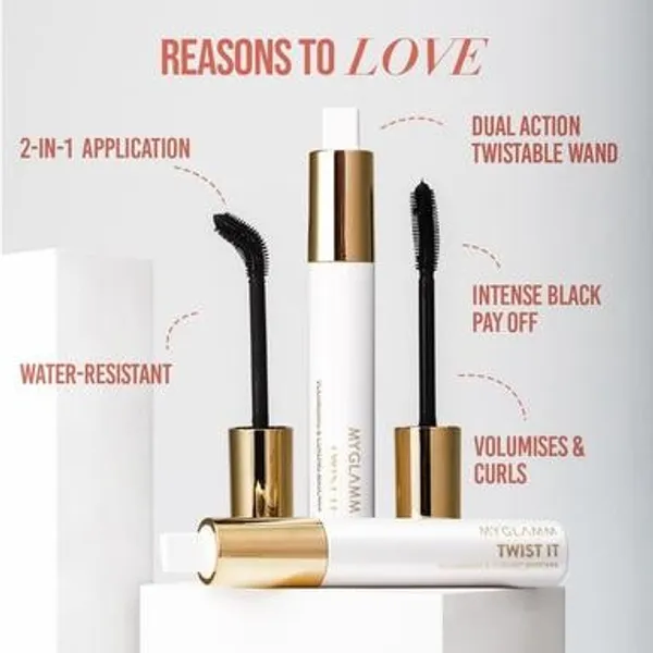 MYGLAMM Twist It Mascara - Black Shade | Water-Resistant, Volumising, Curling, Smudge-Proof Eye Mascara